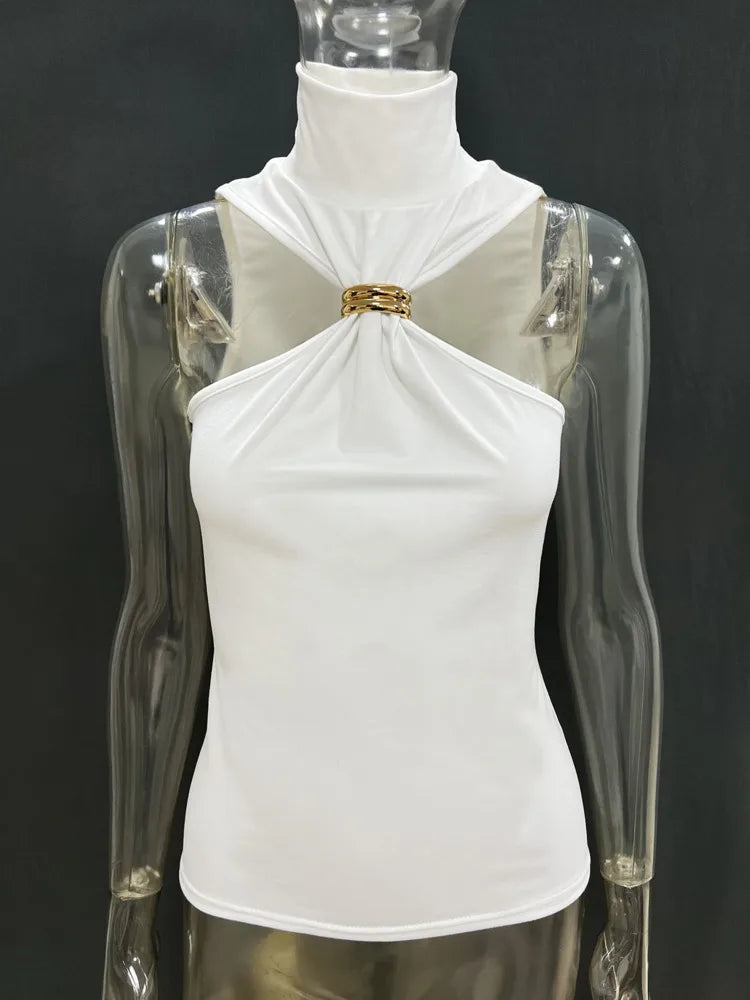 Regatas femininas de malha básica com gola alta, pulôveres, camisola com argola de metal, sem mangas, justas, de malha, top curto Y2K