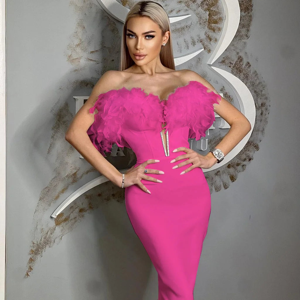 STOCK 3 Colors Gorgeous Feathers Shining Sequins V-Neck Strapless Mini Dress Woman Birthday Party Vestido NightClub Party Outfit