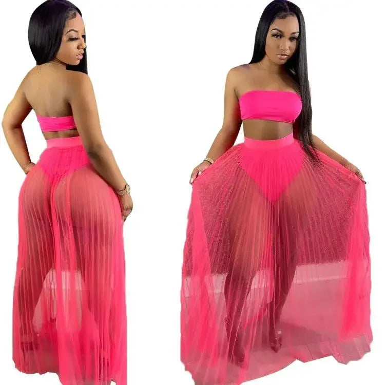 CM.YAYA Women Mesh See Though Two Piece Set Sexy Beach Strapless Tops and Pleated Maxi Skirts Matching Set Summer Outfits