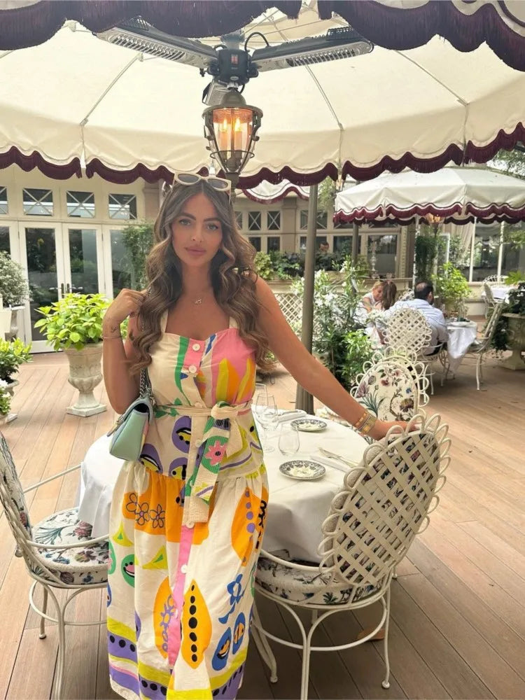 Print Square Neck Sling Midi Dress Women Single Breasted Belt Decoration A-line Dresses Summer Female Chic Beach Party vestido