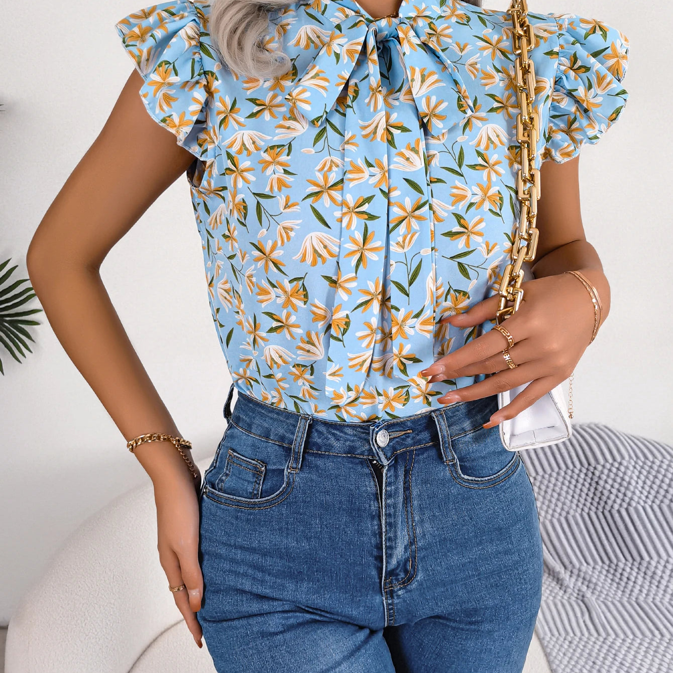 Women Casual Floral Print Bow Ruffles Chiffon Blouse Summer Top