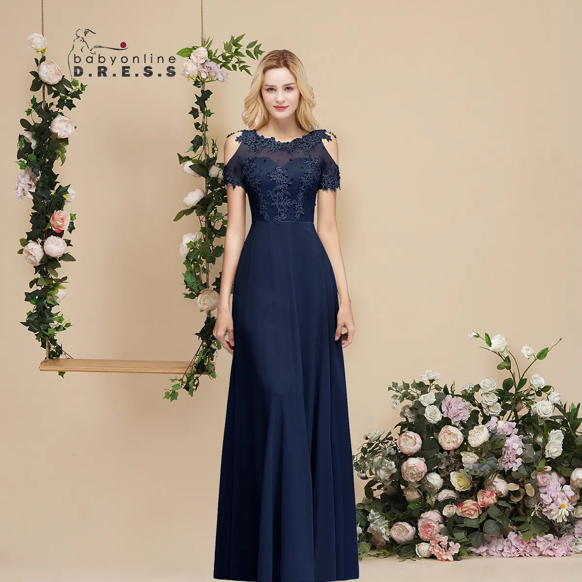 Bridesmaid Dress Pearl Beads Illusion Short Sleeve Boho Formal Party Guest Gowns Chiffon A Line Dresses Women