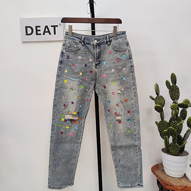 Women's Jeans Diamond Studded Beads Broken Hole Tassel High Waist Loose Denim Long Pants Autumn Fashion light Blue