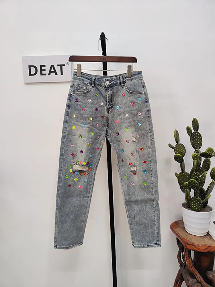 Women's Jeans Diamond Studded Beads Broken Hole Tassel High Waist Loose Denim Long Pants Autumn Fashion light Blue