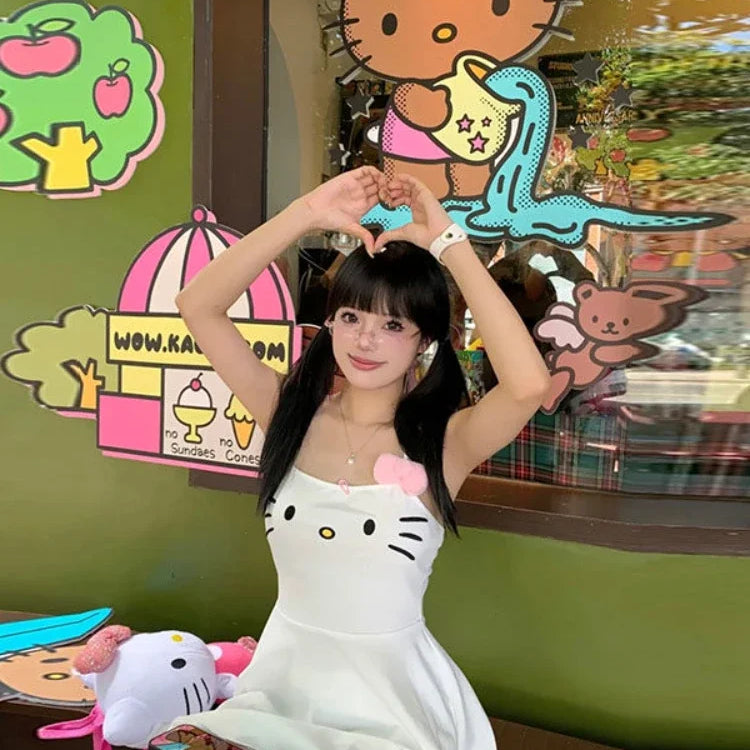 HOUZHOU Kawaii White Dress Women Japanese Y2k Cat Face Embroidery Cute Spaghetti Strap Mini Dress Bow Patchwork Anime Sundress