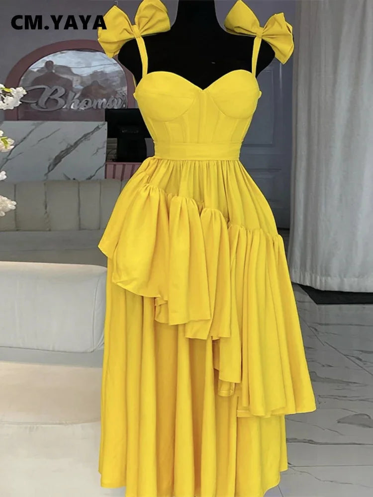 CM.YAYA Women Sleeveless Strap Bow Ruffles Long Maxi Dress 2025 Holiday Beach Birthday Evening Sexy Girl Party Dresses Vestidos