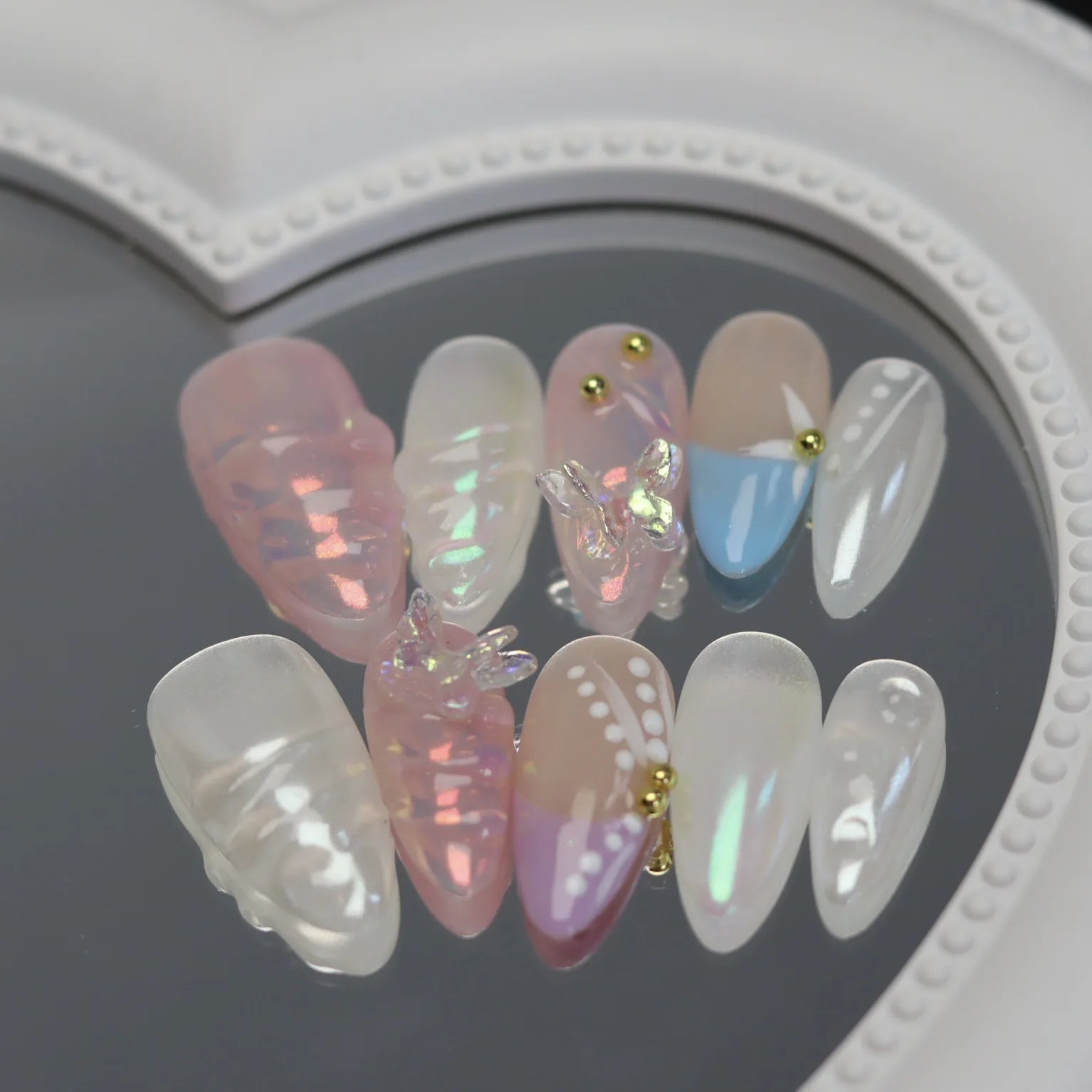 10 peças unhas postiças de amêndoa doces e sonhadoras, unhas postiças rosa Aurora com cola, ondas 3D, cobertura total, pontas de manicure de acrílico