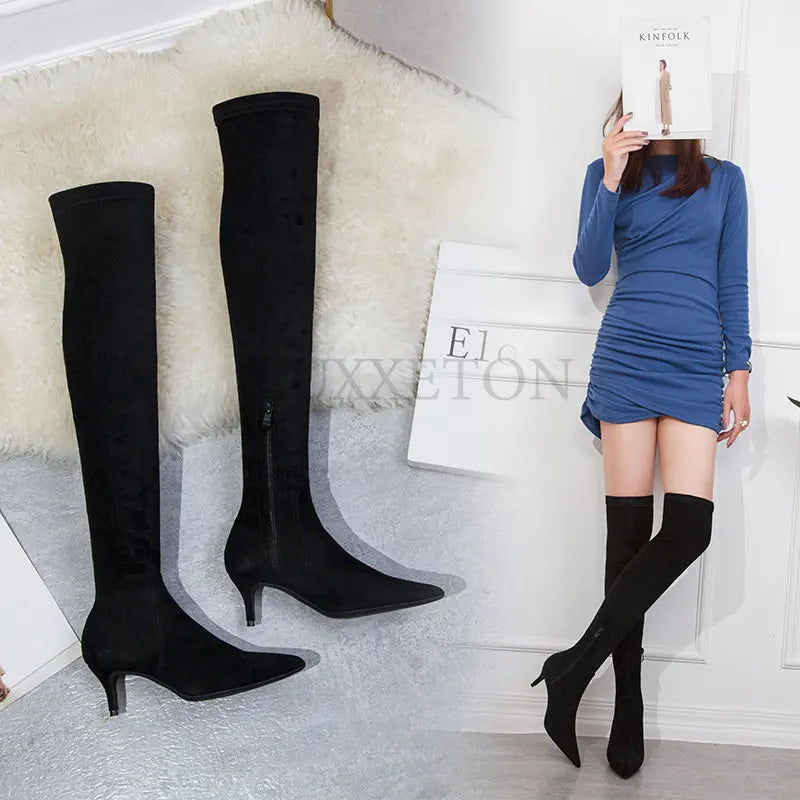Women Winter Boots Slim High Heel Suede Stretched Over Knee Long Boots Sexy Pointed Down Thigh Long Botas Fashion