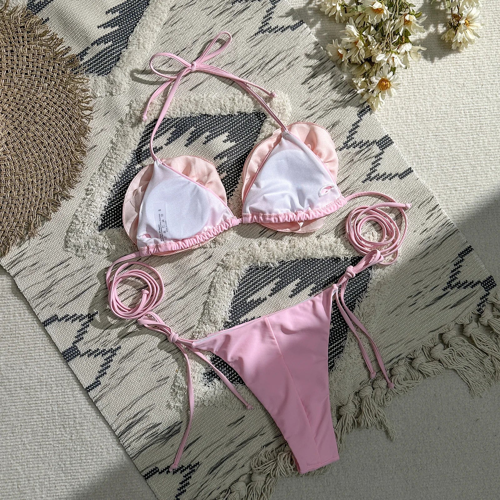 Solid Halter Swimwear Women Sexy 3D Flower Swimsuit New Bikini Set Bandage Bathing Suit Biquini