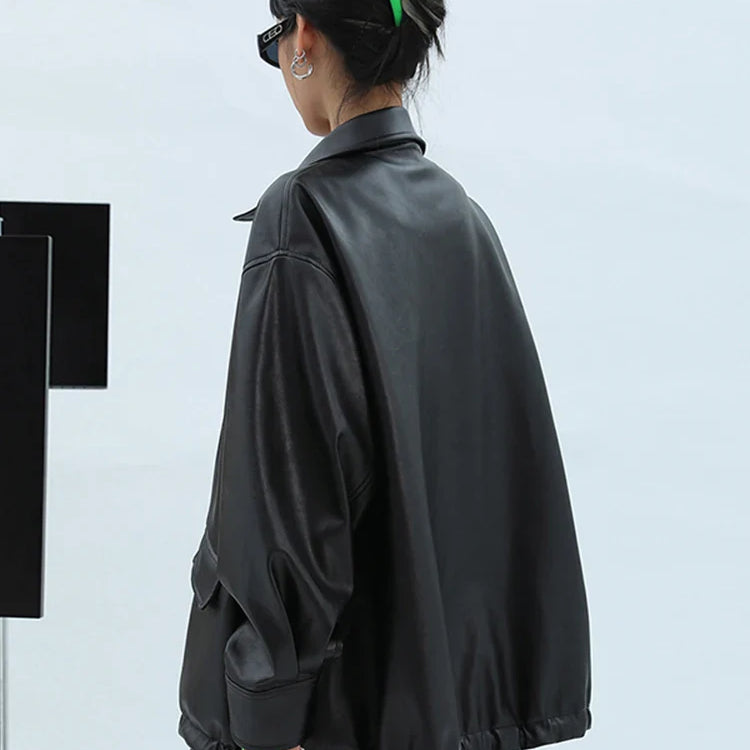 Spring Autumn Oversized Casual Waterproof Black Soft Pu Leather Jacket Women with Drop Shoulder Long Sleeve Fashion 2022