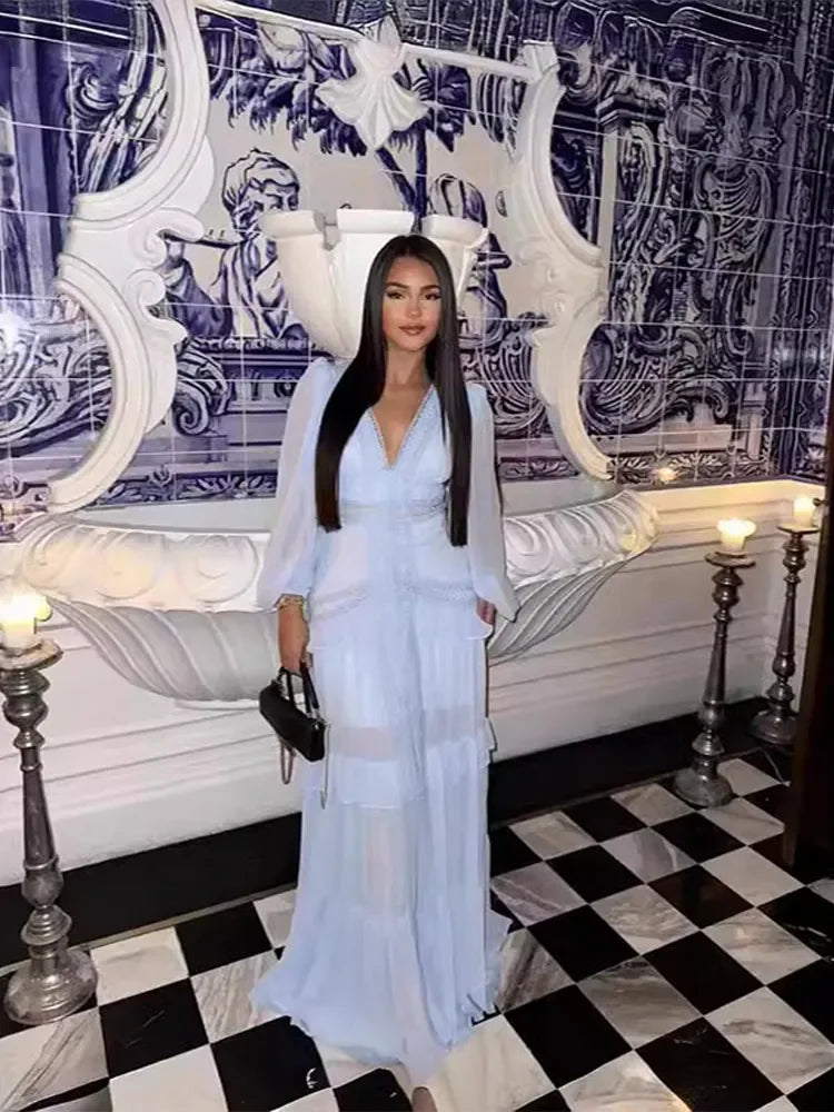 Women Elegant Layered Ruffles Patchwork Long Dress Chic V Neck Puff Full Sleeves Split Maxi Dresses Fashion Lady Party Robes Light blue