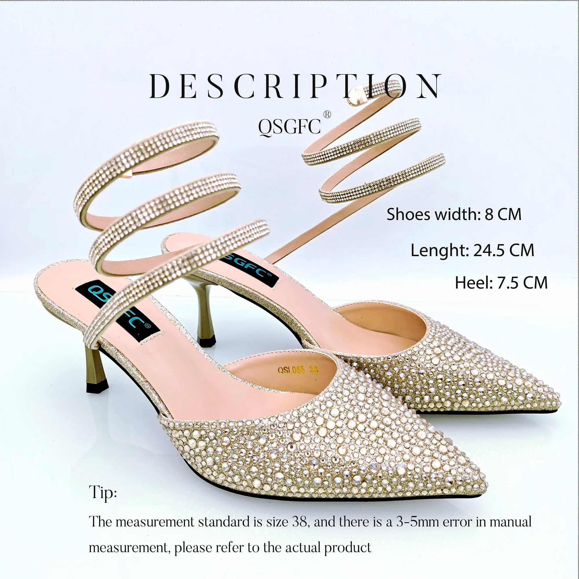 Gold Color Shine Luxury Design Heart Shaped Packet And Mid-heel Rhinestone Snake Wrap Strap Pointed Toe Shoes And Bag