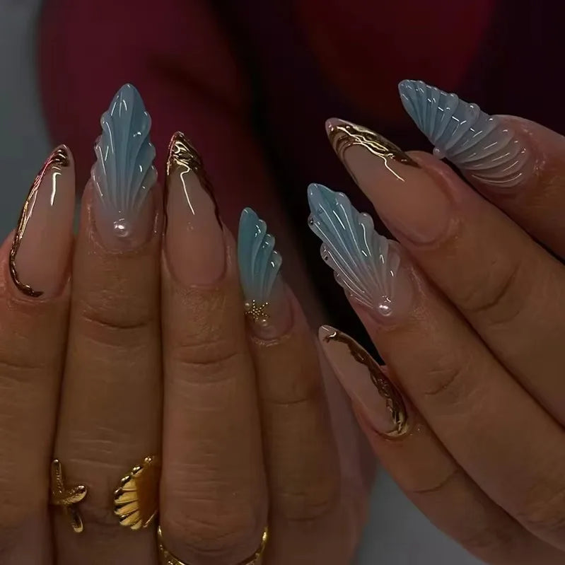 24pcs Blue Ocean Fake Nails Beach Shells Pearl Diamond Design False Nail Tips Korean Sweet Girls Wearable Almond Press on Nails