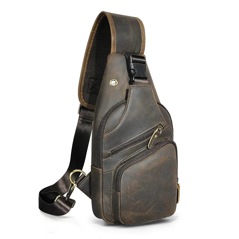 Men Original Crazy horse Leather Casual Triangle Crossbody Chest Sling Bag Design Travel One Shoulder Bag Daypack Male 8015 brown