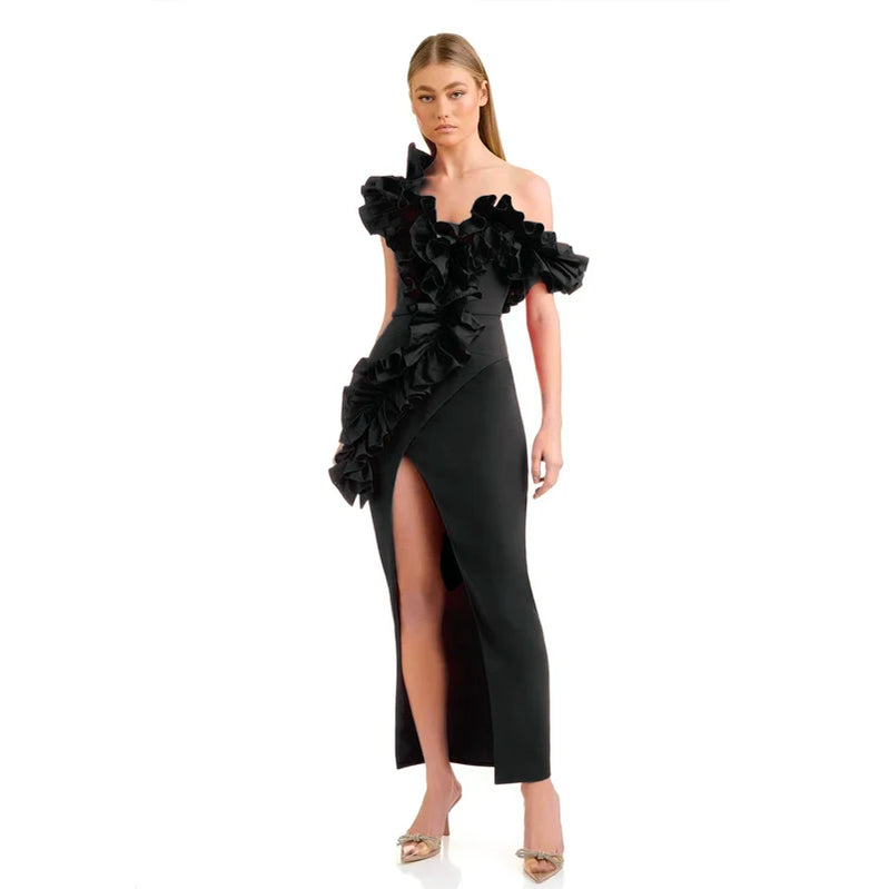 Vestido longo sem mangas, preto, vermelho, feminino, sexy, ombro de fora, babados, colado, bandagem, boate, festa, comemoração