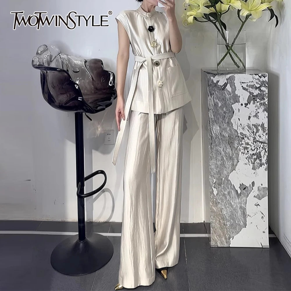 TWOTWINSTYLE Fashion Two Piece Sets for Women Round Neck Sleeveless Spliced Irregular Button Top High Waist Pant Set Female New