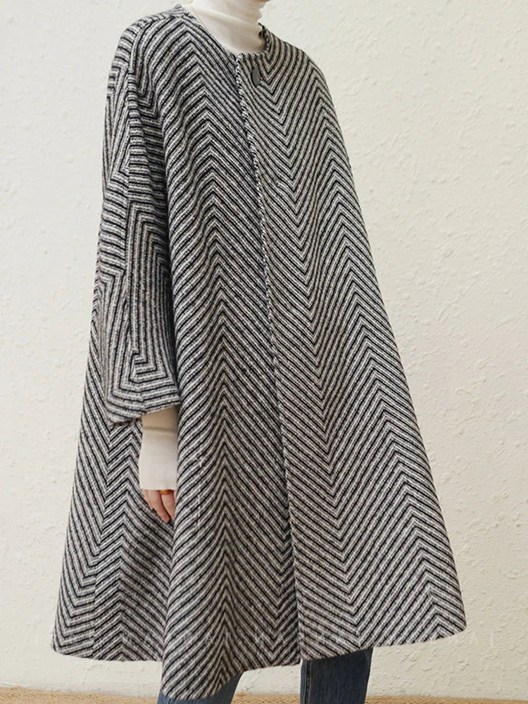 Autumn Winter Black and White Zigzag Woolen Coat Women Sashes A Line Loose Elegant Stylish Runway Korean Fashion 2022