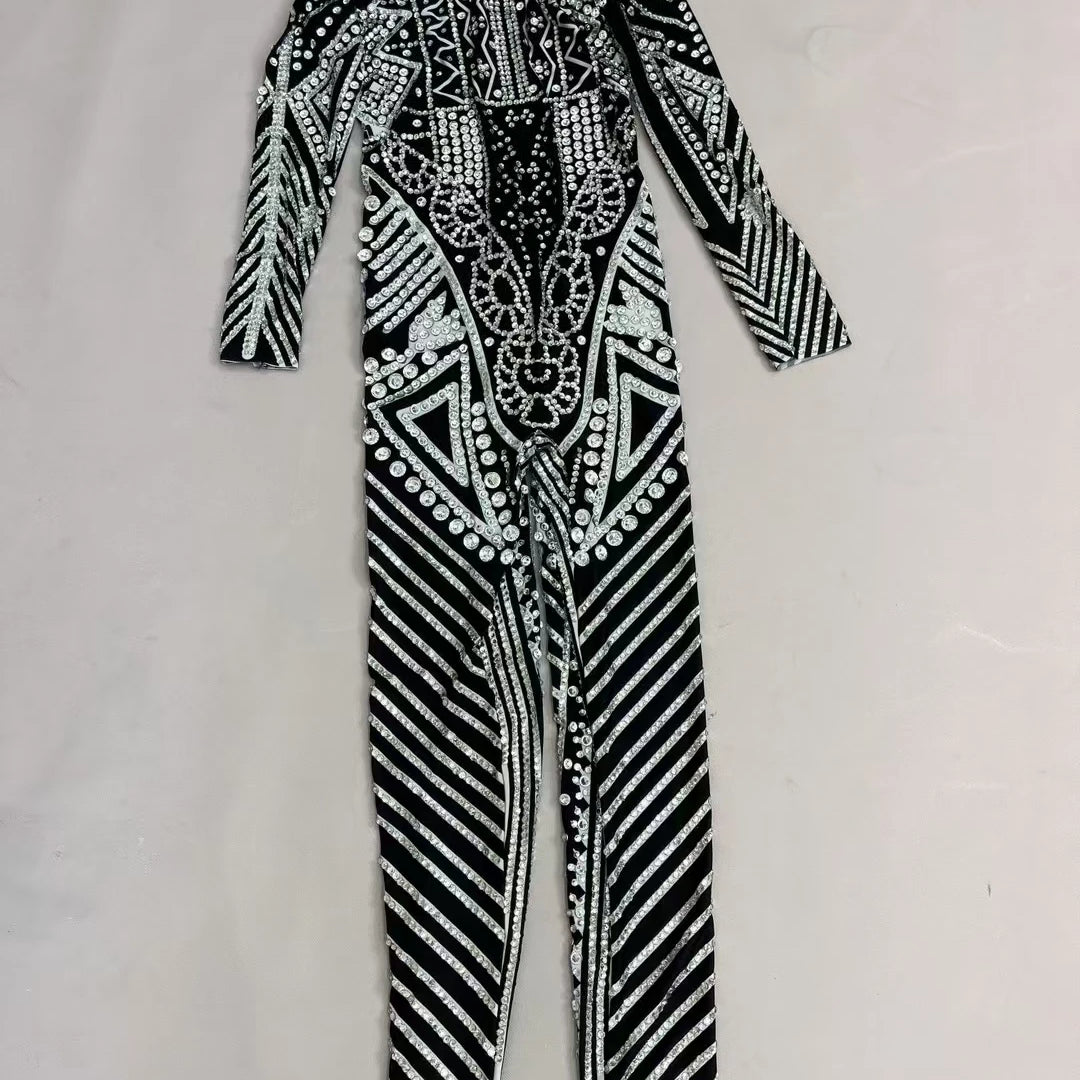 Fancy Sexy Black White Striped Printing Rhinestone Jumpsuit Bar Nightclub Stage Performance Bodycon Leggings for Women Mawenku