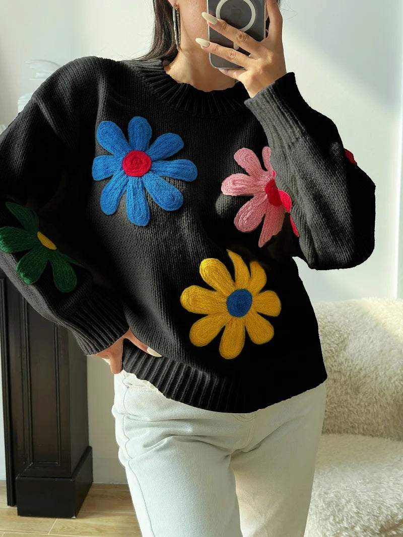 Vintage Flower Embroidery Sweater Women Loose Long Sleeve O-neck Knitted Pullover Autumn Female Thick Casual Streetwear as picture 4