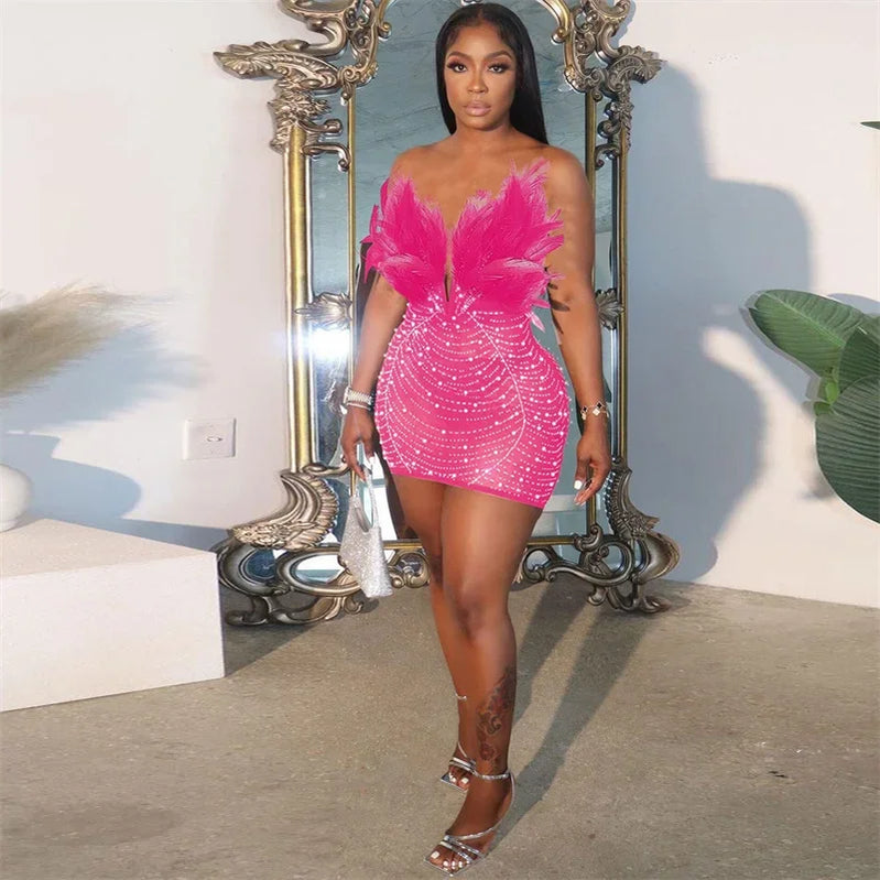 Sexy Club Party Night Feathers Rhinestones Birthday Dresses for Woman Elegant Backless Diamond Sheer Mesh Bodycon Dress Vestidos Pink