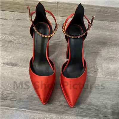 Luxury Women High Heel Shoes Platform Sandals Pointed Toe Woman Silk Pumps Sexy Rhinestone Buckle Chunky Heel Wedding Shoes