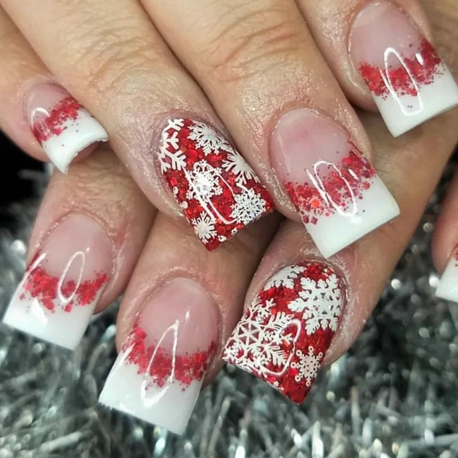 24pcs/set short fake nails for Christmas Square ballet winter false nail tips snow flakes christmas tree snowman press on nails