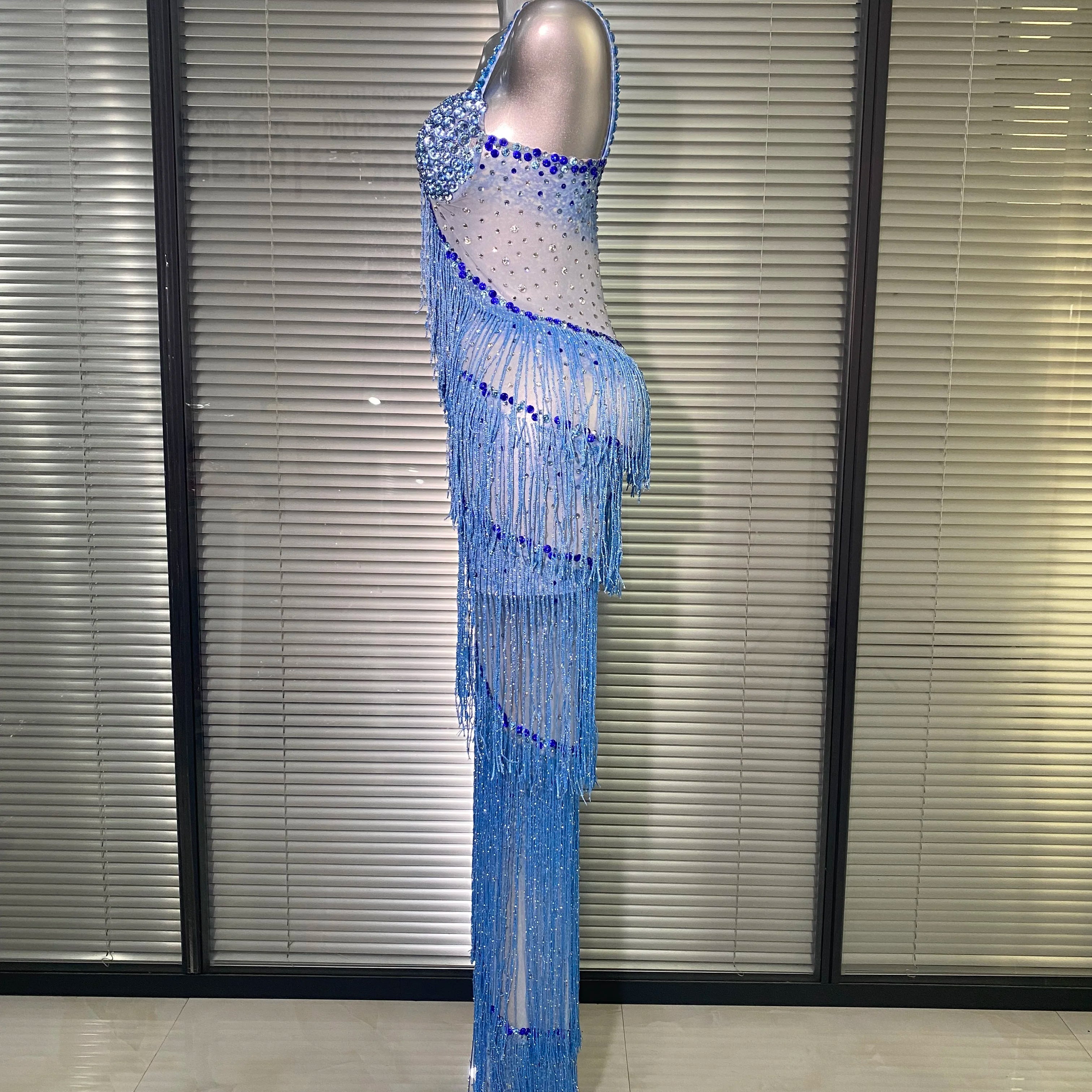 New Women Sexy Mesh Crystal Diamonds Maxi Dress See Through Blue Tassel Party Stage Costume Stage Performance Dress