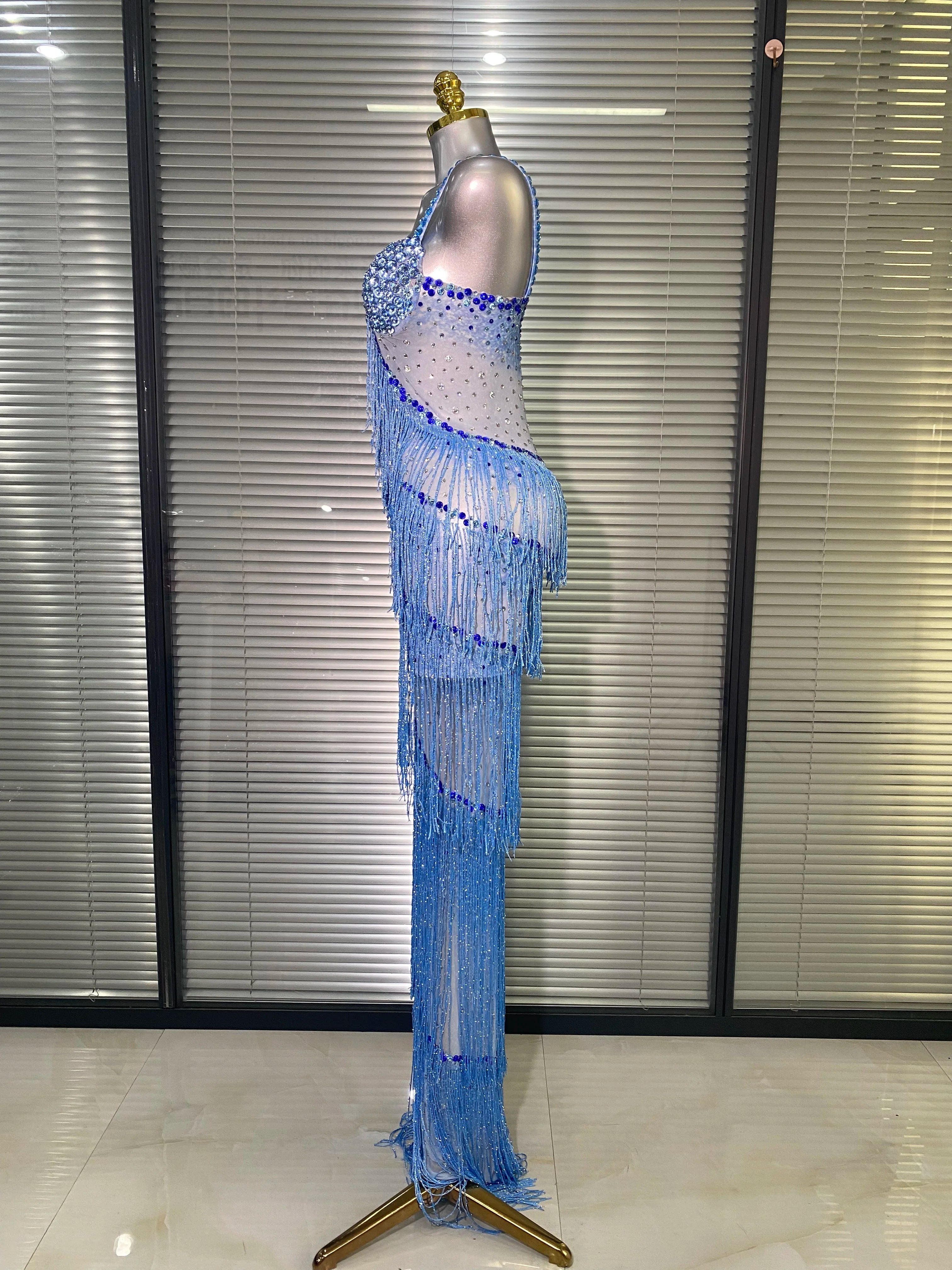 New Women Sexy Mesh Crystal Diamonds Maxi Dress See Through Blue Tassel Party Stage Costume Stage Performance Dress