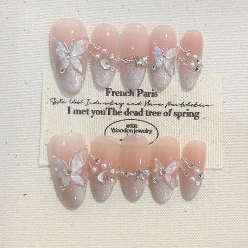 10Pcs Autumn New Short Oval Wearing False Nails Wine Red Cat Eye French Shiny Manicure 3D White Flowers Stick on Nails Fashion