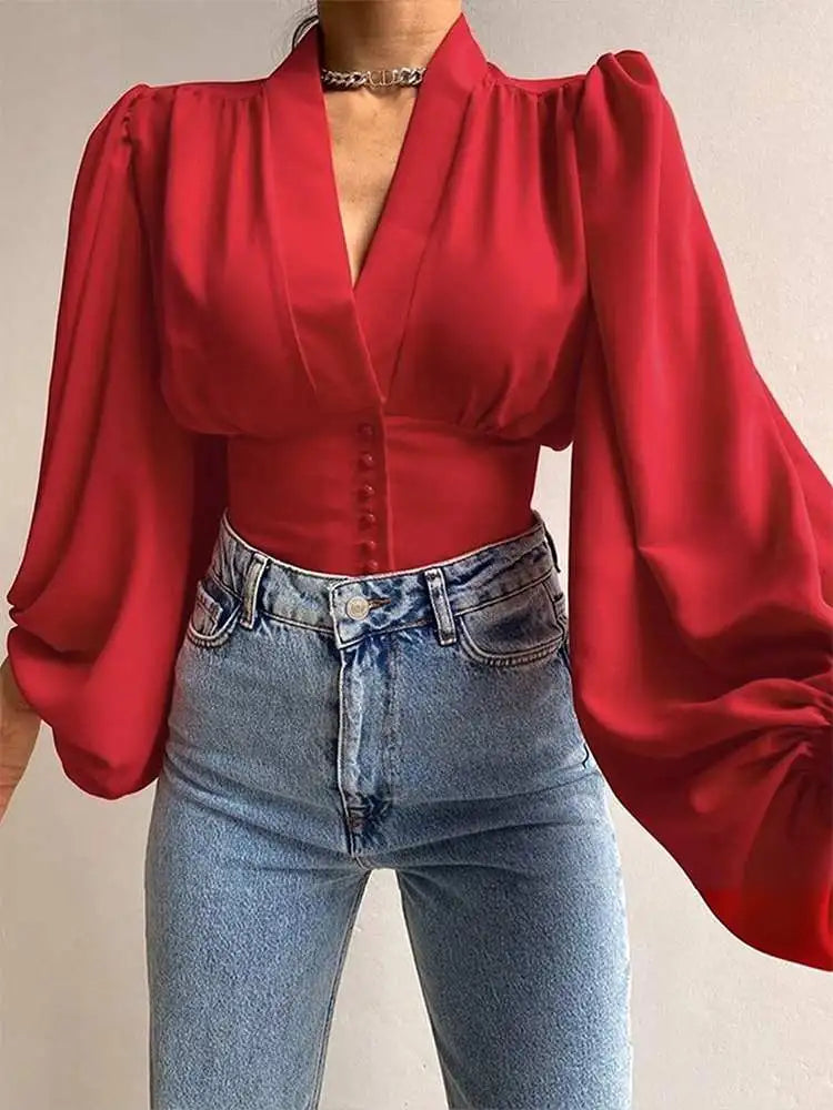 Vintage Blouses for Women Fashion Lantern Long Sleeve Buttons Front Crop Tops Sexy V-neck Shirts French Party Blusas A-Red