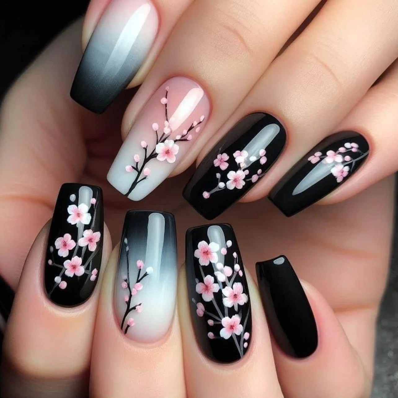 24Pcs Black Gradient Fake Nail French Ballerina Mid-length Press on False Nails Plum Blossom Design Detachable Finished Manicure