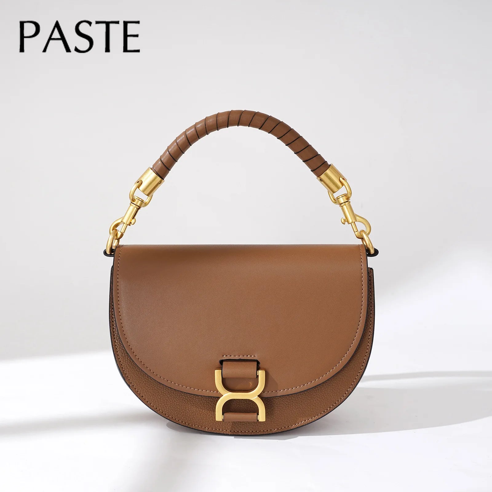 Vintage Half Moon Round Shape Saddle Bag Small Hard Cow Leather Women Messenger Bag Handmade Weave Handle Handbag