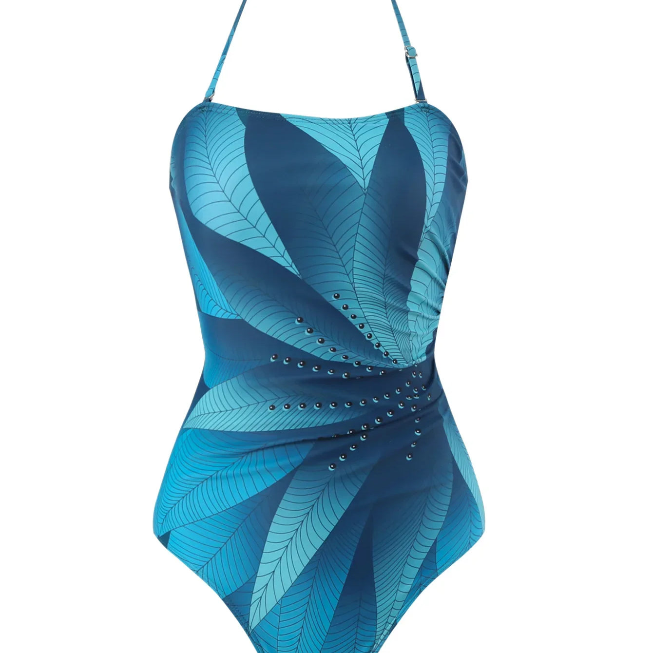 Elegant Blue Leaf Printed One Piece Swimsuit Woman Fashion High Waisted Hanging Neck Swimwear French Covered Belly Bikini