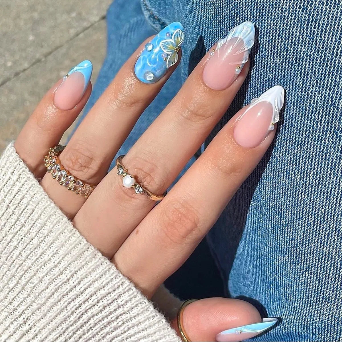Faux ongles 3D papillon amande, poudre nacrée verte, amovibles, à coller avec de la colle