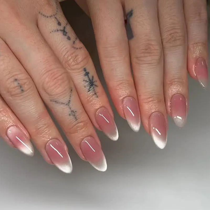 24Pcs Mid-length Brown French Almond Nails Set Press on White Dot Detachable False Nails 3D Bow Pearl Full Cover Fake Nails Tips