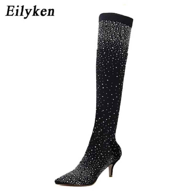 Design Crystal Rhinestone Stretch Fabric Sexy High Heels Sock Over-the-Knee Boots Pointed Toe Pole Dancing Women Shoes Black 7CM