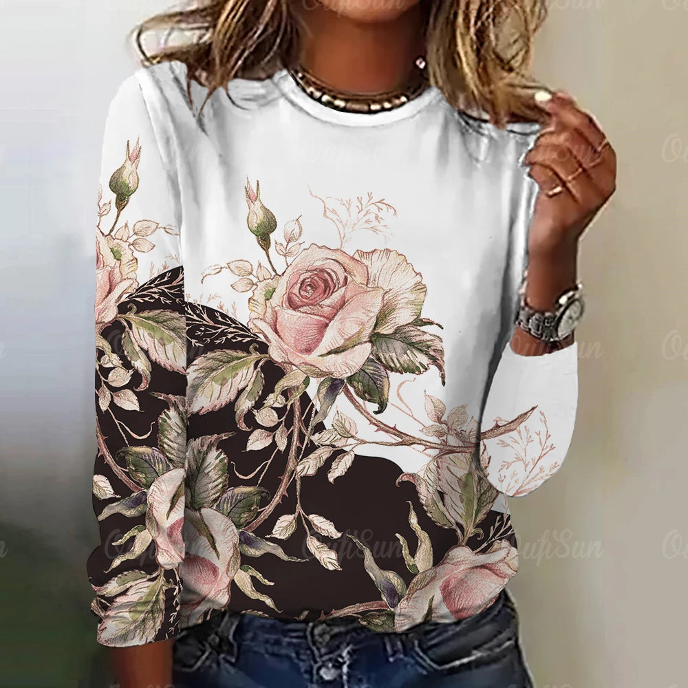 Women's Long Sleeve T-Shirt 3d Floral Print Sweatshirt Fashion Autumn Casual Harajuku Aesthetic Clothing Female Hoodies W010203-HQ11935