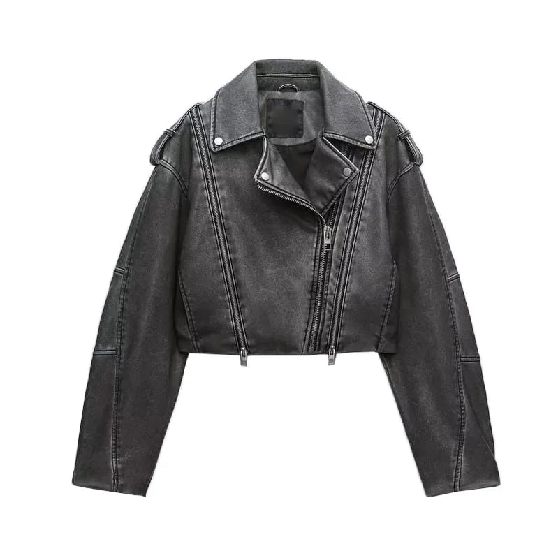 Women's PU Leather Short Jacket Coats Lapel Collar Long Sleeves Distressed Faux Leather Biker Jacket Female Chic Outerwear GRAY