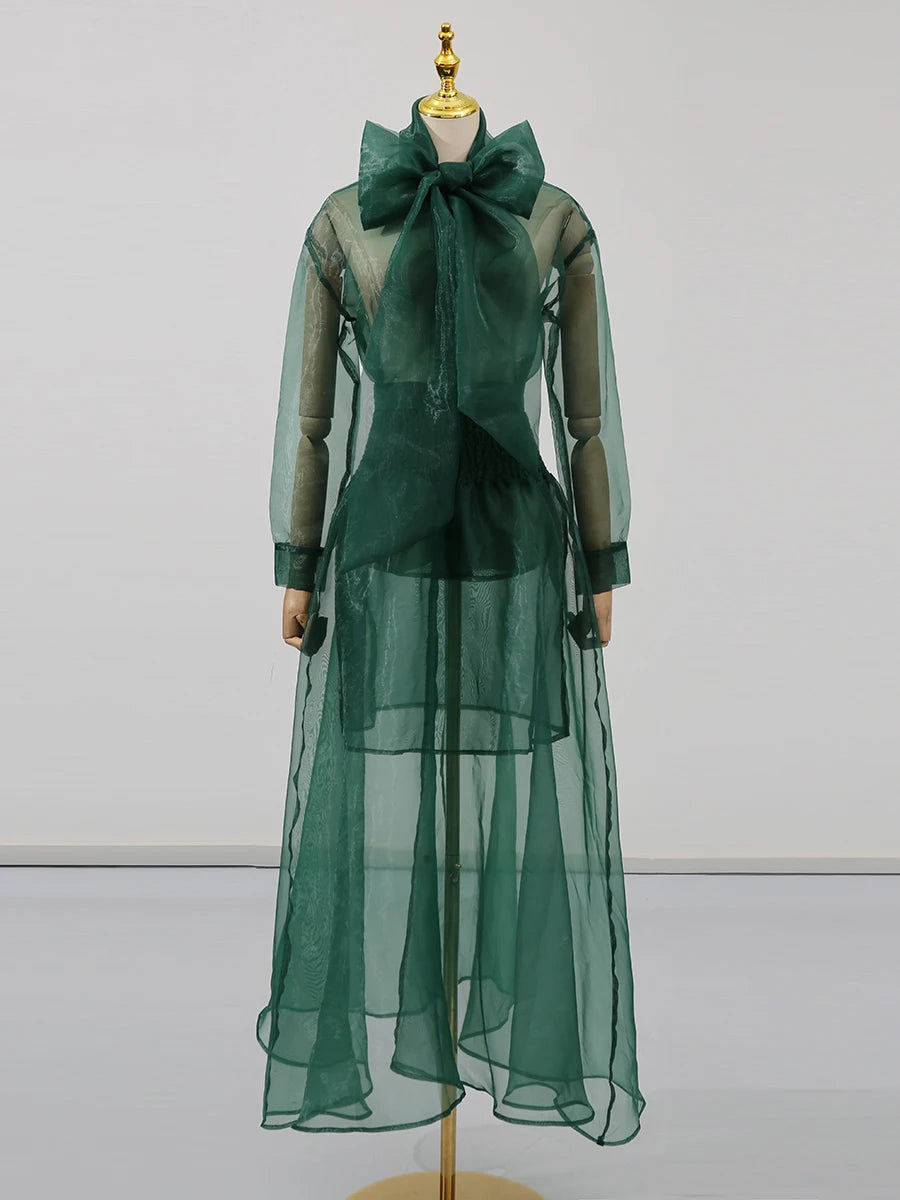 TWOTWINSTYLE Solid Sheer Two Piece Sets for Women Round Neck Long Sleeves Spliced Bowknot Top High Waist Skirt Set Female New