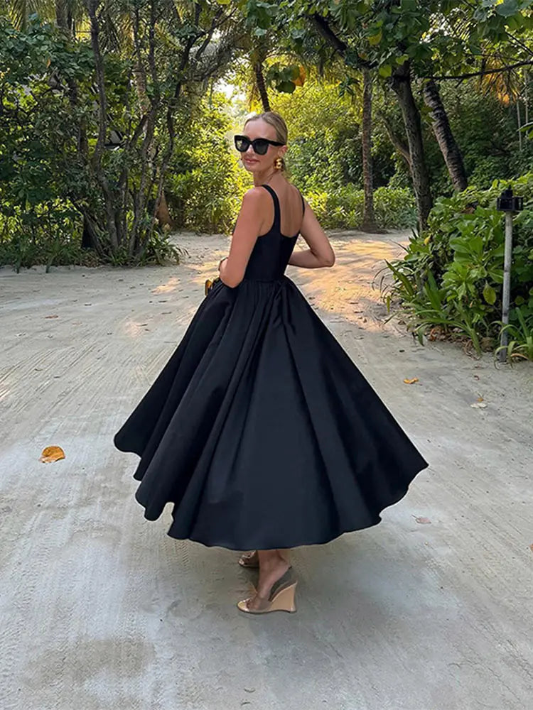 Stylish Spaghetti Strap Swing Dress For Ladies Elegant Off Shoulder Sleeveless Black Dresses Women Nightclub Party Vestidos