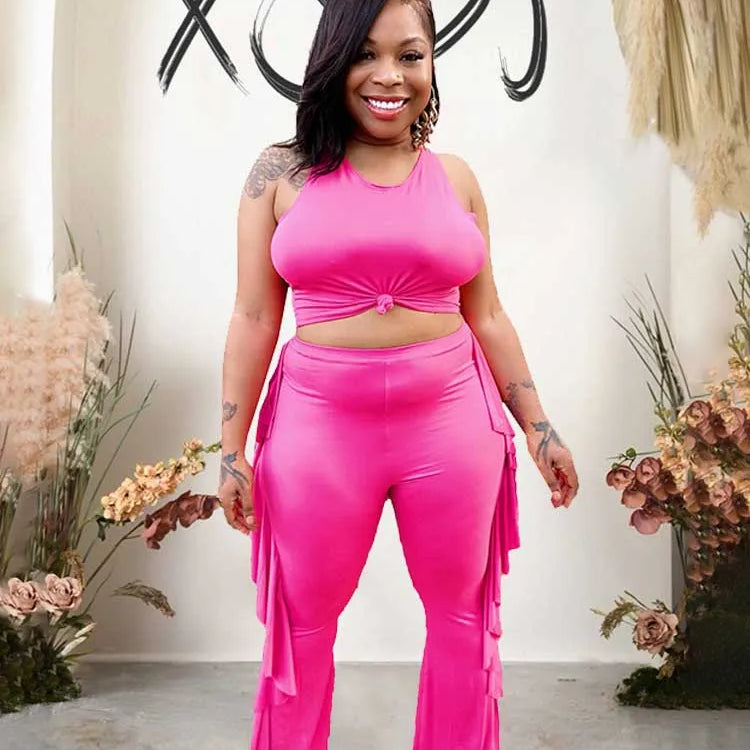 Style Plus Size Women Clothing Summer Two-piece Set Solid Color Tank Top Ruffle Pant Set Lady Trendy Suit Wholesale Dropshipping