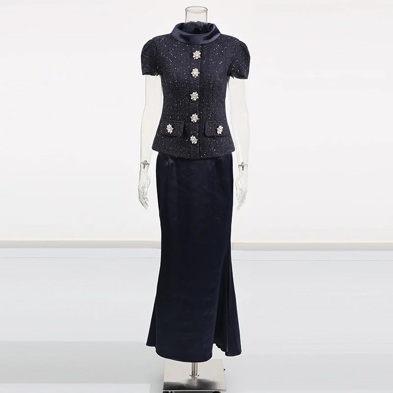 TWOTWINSTYLE Solid Slimming Two Piece Sets for Women Round Neck Short Sleeves Spliced Button Top High Waist Skirt Set Female New