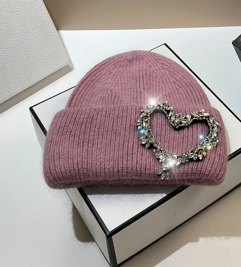 Luxury Heart Rhinestone Winter Beanies Women Solid Color Real Rabbit Fur Knitted Hat Lady Fashion Warm Pullover Caps Gifts dark pink Adult