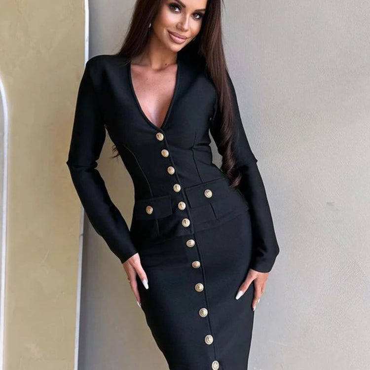 Woman Dress Sets New Chic Button Design Two Pieces Set Celebrity Party Club Bodycon Bandage Skirt Suits