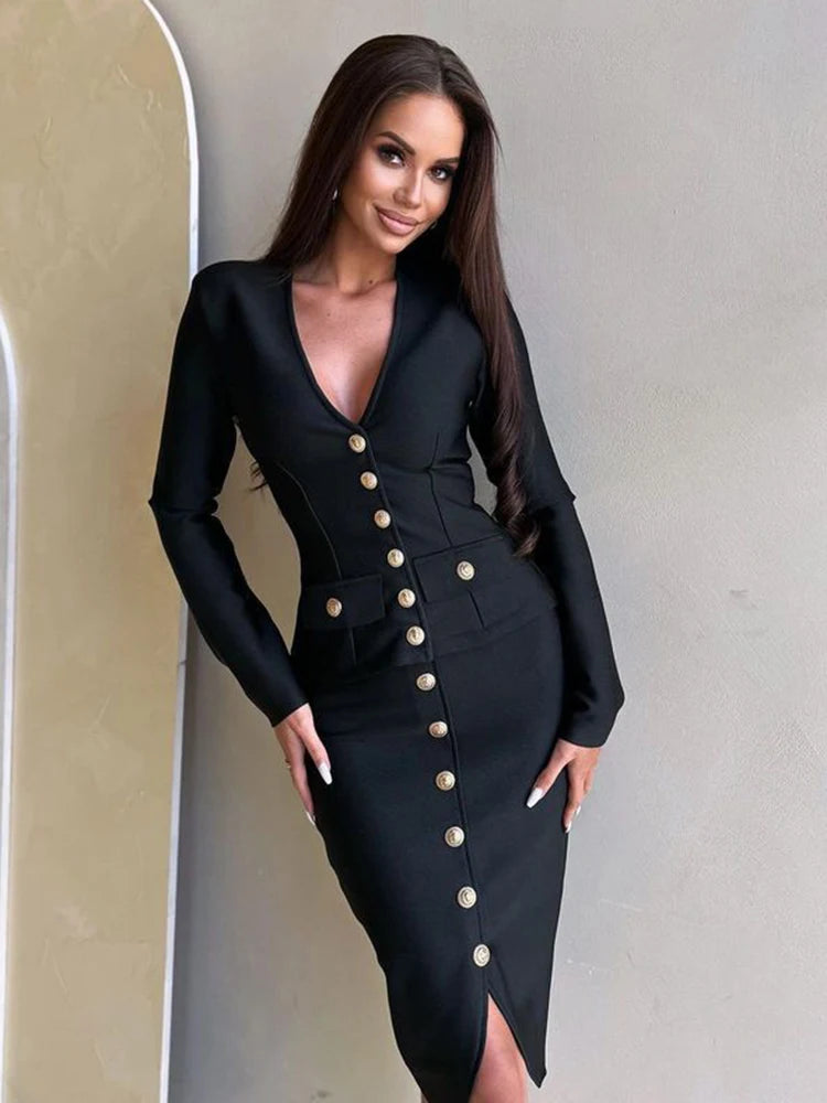 Woman Dress Sets New Chic Button Design Two Pieces Set Celebrity Party Club Bodycon Bandage Skirt Suits