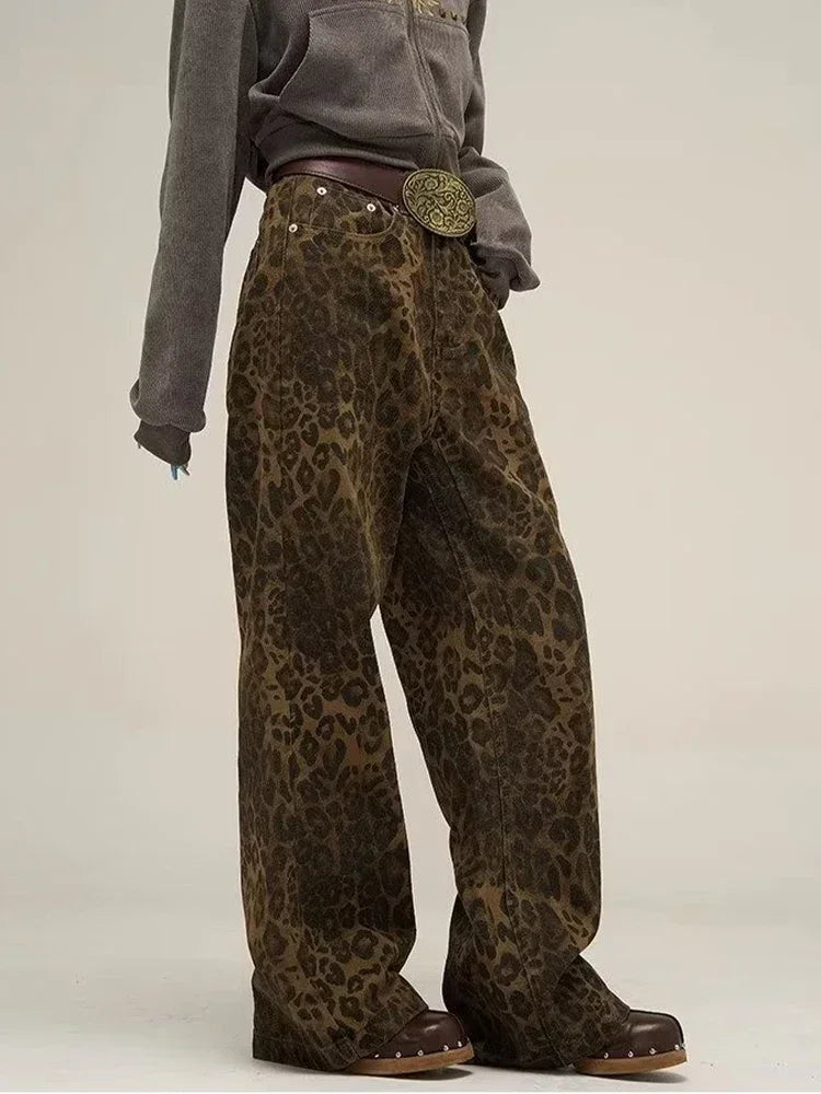 Tan Leopard Jeans Women Denim Pants Female Oversize Wide Leg Trousers Streetwear Hip Hop Vintage Clothes Loose Casual