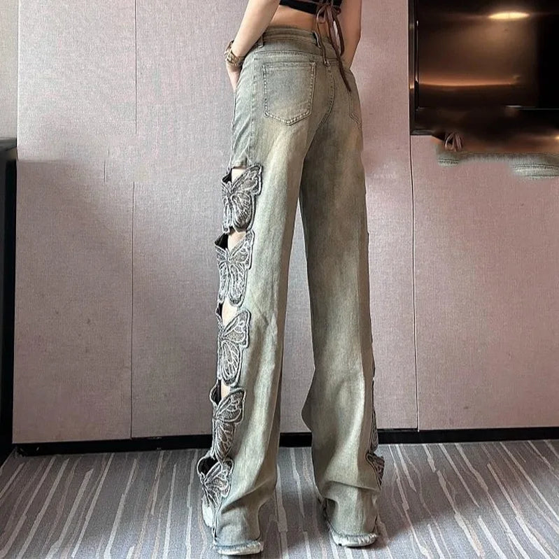 Summer Hollow Lace Jeans Women Panel Diamond Butterfly Feet Slim Fit Embroidered Long Pants Loose Hip Wrap Vintage Stretch 2024