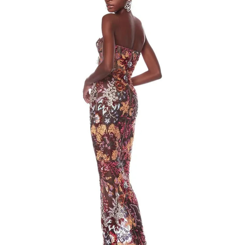 Sequin Flowers Embroidery Sexy Mesh See Through Strapless Ankle Length Dress Woman Party Evening Dress Celebrity Party Outfit