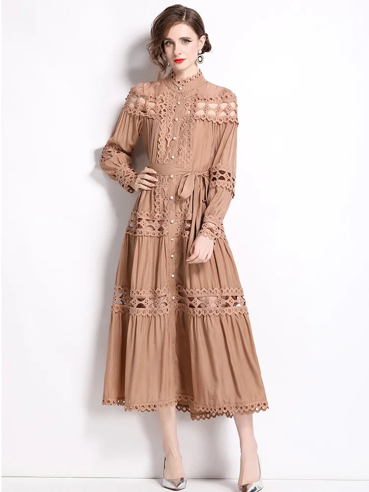 Spring Autumn Stand Collar Lace Hollowed Out Single Breasted Dress Women's Vintage Elegant Full Sleeve Rnnway Long Dress