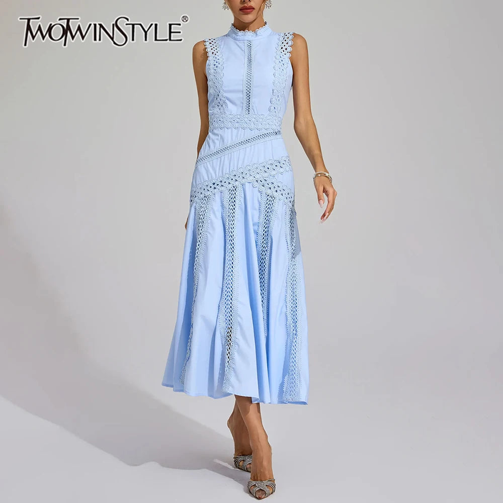 TWOTWINSTYLE Solid Slimming Spliced Hollow Out Dresses for Women Round Neck Sleeveless Patchwork Lace Dress Female Clothing New